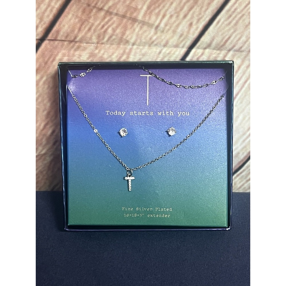 T"—Initial Necklace Silver Chain With Diamond Stud‎ Earrings NIB